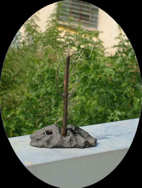Installazione 11 Legno, filo di ferro e creta verniciata 30x20x15